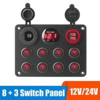 24V 12V 8 Gang Switch Panel Light Toggle USB Chargers Adapter Volt Test For Marine Boat Truck Trailer RV Caravan Car Accessories