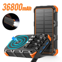 Solar Power Bank 36800mAh with Cable LED Flashlight Wireless Charger Fast Charging Portable Powerbank for iPhone Samsung Xiaomi