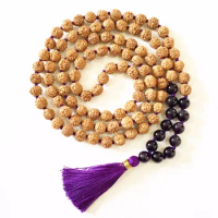 108 Mala Beads Necklace Rudraksha &amp; Purple Quartz Necklace Hand Knotted Necklaces Meditation Beads Prayer Taeesl Necklaces