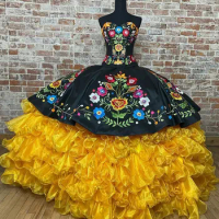 Exclusiva De Vestidos Coleccion Charro Quinceanera Dress Ball Gowns For Mexican Girl Embroidery Lace Ruffles Skirt Prom Dress
