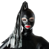 Latex Hood mask Holiday Rubber Bondage Hood Full Face Ponytail Mask with Single Streamer Big eyes with Wigs Latex Mask Fetish