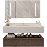 Household Marble Surface Smart Touch Defogging Dimming Led Bathroom Mirror Cabinet And Sink Set