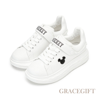 【Grace Gift】迪士尼米奇款剪影魔鬼氈厚底小白鞋 白