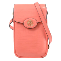 【TORY BURCH】Robinson 經典金屬雙T LOGO皮革翻蓋手機包斜背包(粉)