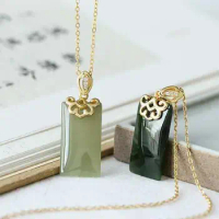 Meet You for the First Time. Hetian Jade S925 Sterling Silver Gilding Inlaid Necklace Pendant Small Square Ruyi Pendant