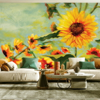 現代電視墻背景墻臥室沙發壁紙墻紙客廳影視墻壁畫手繪向日葵墻布