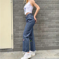 Ladies Girlish High Waist And Slim Butterfly Embroidered Straight Jeans High Street Ankle Length Flash Spring Summer 2024 Outfit