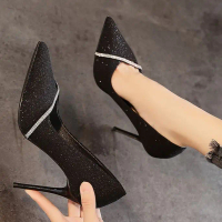 2023 Summer New High Heels 10cm Stiletto Pointed Toe Rhinestone Commuter Women's Shoes Fashion Shall