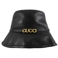 【GUCCI 古馳】金屬品牌LOGO羊皮造型時尚遮陽帽漁夫帽(黑)