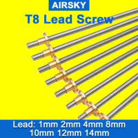 CNC 3D Printer T8 Lead Screw Trapezoidal Rod Lead 2mm/8mm length 100mm/200mm/400mm/500mm/600mm/800mm/1200mm with Copper Nut