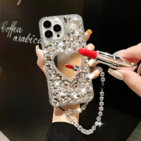 Luxury Love Heart Diamond Makeup Mirror Phone Case For Samsung Galaxy A12 Mobile Phone Protective Back Cover with Hand Strap