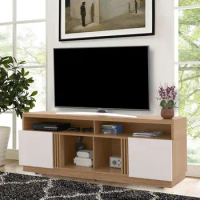 71" Wooden Entertainment TV Cabinet with 4 Open Shelves, Living Room TV Console, Sturdy Construction, White and Brown