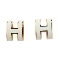 【Hermes 愛馬仕】MINI POP經典立體H字針式耳環(白x金)