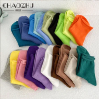 CHAOZHU Women Candy Color Rolling Top Loose Ankle Socks Causal 100% Cotton Basic Lady Girls Spring Autumn Calcetines Kawaii
