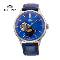 【ORIENT 東方錶】ORIENT 東方錶 SUN&amp;MOON系列 半露空日月相錶 皮帶款 藍色 41.5mm(RA-AS0103A)