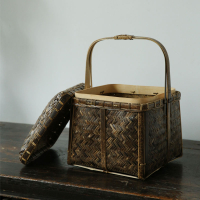 手工竹編提籃食盒竹籃子 帶蓋家用收納精編 茶室竹籃方形禪意