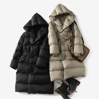 [米蘭精品] 真羽絨90%鵝絨羽絨外套羽絨衣夾克-保暖大連帽長款配腰帶女外套2色74ia31