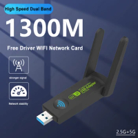 2.4GHz+5GHz Dual Band USB Wifi Adapter 1300Mbps Wireless Network Card With Antenna Wireless USB WiFi Adapter Dongle Network Card