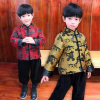 【橘魔法】古風圖騰上衣棉襖+縮口褲(套裝 褲子 拜年服 大紅 過年 新年 唐裝 漢服 中國風 男童 兒童 童裝)