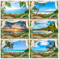 Summer Sea Landscape Backdrop for Photography Tropical Beach Seaside White Curtain Balcony Home Decor Background Photo Studio