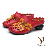 預購 Vecchio 真皮拖鞋 包頭拖鞋 粗跟拖鞋/真皮復古撞色小花縷空花邊包頭粗跟拖鞋(紅)