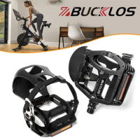 BUCKLOS Indoor Exercise Bike Pedals Spinning Bike Pedals with Toe Clip&amp;Straps Mountain Bike Aluminum Flat Pedals Bicycle Parts
