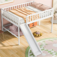 Modern minimalist design Twin/Full Size Low Loft Bed with Ladder and Slide, teenage single bed, bedroom children's bed