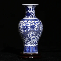 Antique Chinese Dragon Vase Fish Tail Shape Porcelain Vase for Flowers Ceramic Vase Blue Ornaments Decorative Dragon Ball Bottle