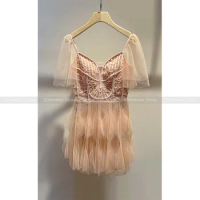 Vietnam niche design new sleeveless pleated mesh dress dress small thin halter short multi-layer saree skirt
