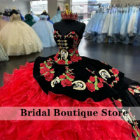 Mexican Red Ball Gown Quinceanera Dresses Sweet 16 Dress Flowers Horse Embroidery Appliques Crystal Wedding Gown