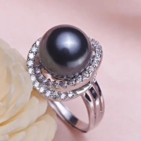 Women Gift word 925 Sterling silver real [bright pearl] Nanyang pearl black pearl ring, S925 silver wedding silver