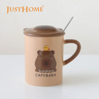 【Just Home】水豚君陶瓷馬克杯360ml-附杯蓋及湯匙-鴨子(杯子 陶瓷杯 馬克杯)