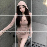 Pure Desire Scoop Neck Slimming Dress for Women Autumn Sexy Bodycon Hooded Short Dress 5119 Hooded L