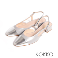 【KOKKO 集團】心機鞋側鏤空設計小香風銀色拼接低跟半包鞋羊皮(灰藍色)