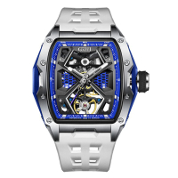 【BONEST GATTI】布加迪 藍色系 銀框 鏤空酒桶造型 白色氟橡膠錶帶 機械錶 46mm(BG5501-A1)