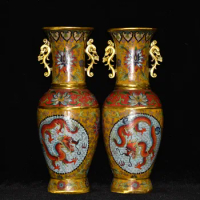 19"Tibetan Temple Collection Old Bronze Cloisonne Enamel Phoenix binaural flower pot belly bottle vase a pair ornament Exorcism
