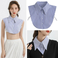 fullhse Baru Boleh tanggal Kolar Palsu Biru Belang-belang Baju Separuh Lapel Cape Wanita Perempuan P