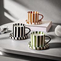 2 Sets of Vintage Ceramic Striped Coffee Cups and Saucers Set, Breakfast Cups, Tea Party, Afternoon 