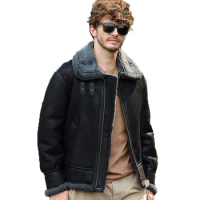 Denny&amp;Dora Mens Shearling Flight Jacket Short Sheepskin Coat For Men Short Black Leather Jacket