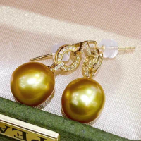 D2023 Fine Jewelry Solid 18K Gold 10-11mm Sea Water Golden Pearls Drop Dangle Earrings for Women Fine Presents