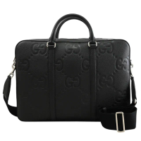 【GUCCI 古馳】經典雙G緹花LOGO皮革壓紋手提包公事包兩用包(黑)