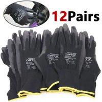 12 Pairs of safety coated work gloves, PU gloves and palm coated mechanical work gloves, obtained CE EN388