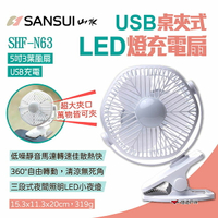 【SANSUI 山水】USB桌夾式LED燈充電式風扇 SHF-N63 5吋夾式LED充電扇 夜燈 桌扇 露營 悠遊戶外
