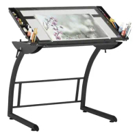 Adjustable Triflex Drawing Table 40.75"W x 29"D Charcoal/Clear Glass Top Writing Drafting Stand Up Desk with Side Trays Pencil