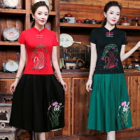民族風套裝女夏裝新款中國風復古繡花短袖t恤+棉麻半身裙套裝1入