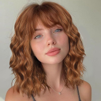 Lativ Brown Highlight Wigs for Women Short Wavy Curly Bob Wig with Bangs Shoulder Length 14 Inches S