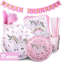 72PCS Unicorn Party Supplies Set With Happy Birthday Banner Perfect For Girls Birthday Party cutlery set