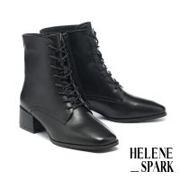 【HELENE_SPARK】時髦品味純色羊皮綁帶方頭高跟短靴(黑)