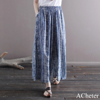 【ACheter】棉麻感闊腿藍色碎花民族風寬鬆蠟染鬆緊腰裙褲夏季薄款直筒長寬褲#121377(藍)