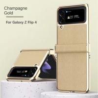 Electroplating Leather Phone Case for Samsung Galaxy Z Flip 5 4 3 Flip5 Flip4 5G Transparent Hinge Protection Anti-drop Cover